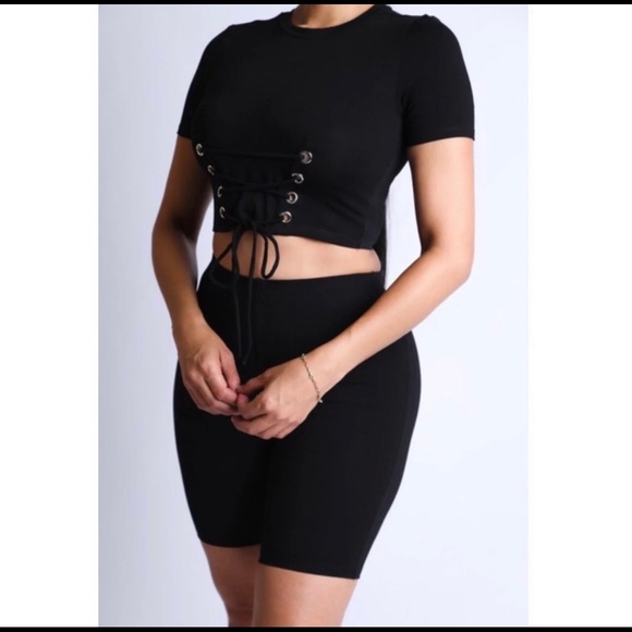 Black Two Piece Biker Short Lounge Wear Set - Picture 4 of 6